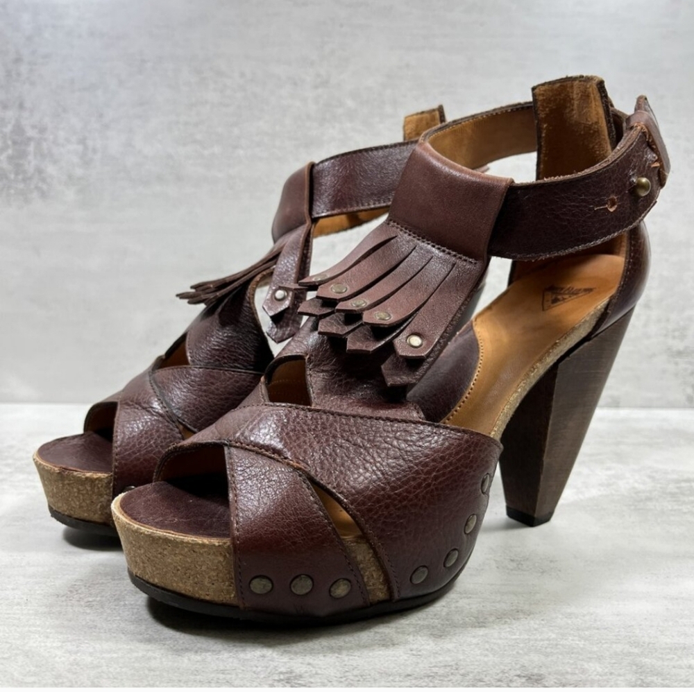 John Fluevog Rules Goodall Leather Fringe Heeled Sandals - Women's Size 8.5